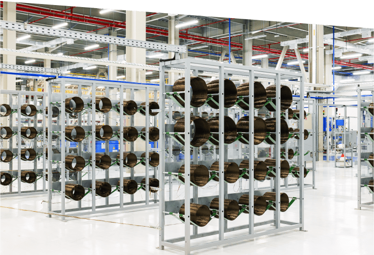 The interior of the factory and the material storage area